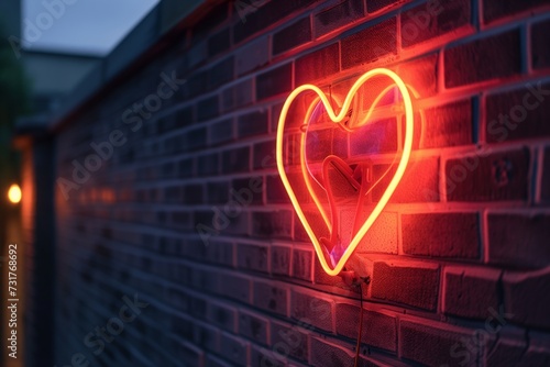 heartshaped neon sign glowing on a brick wall at dusk