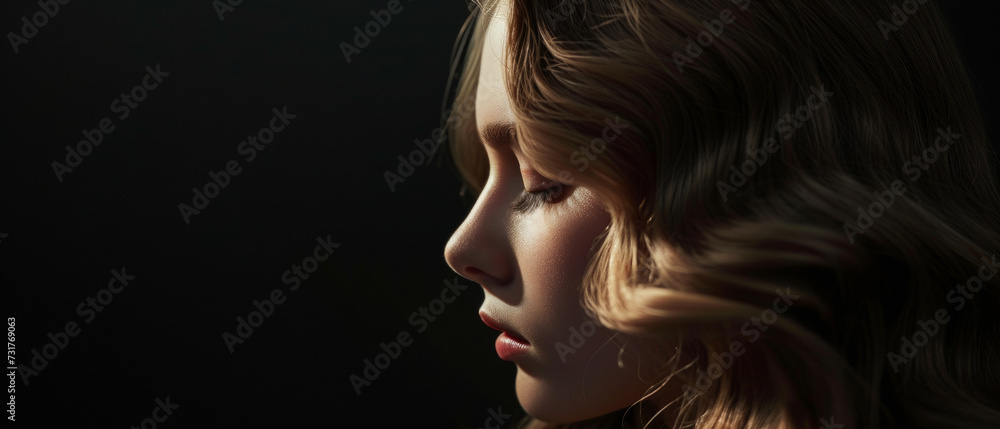 Side profile of a contemplative woman, her features softly illuminated in shadow Side profile of a contemplative woman, her features softly illuminated in shadow