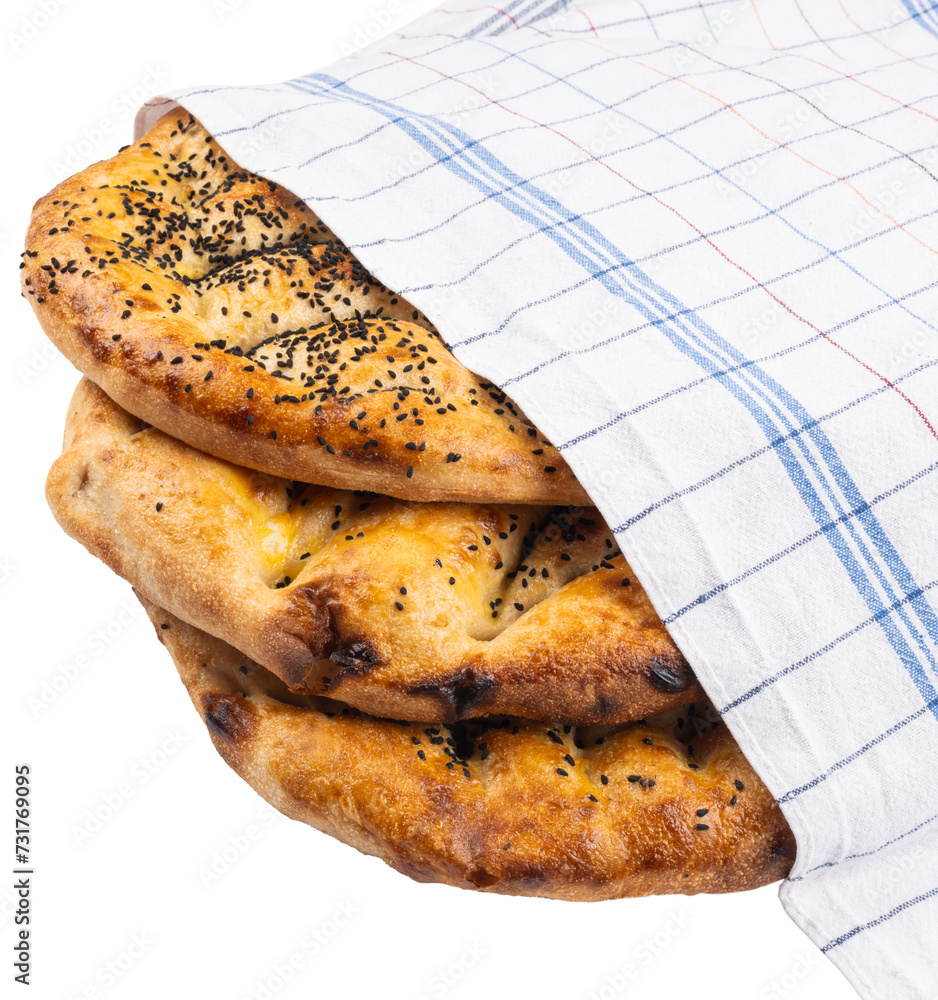 Ramadan pita called in Turkish Ramazan pidesi. Eye view concept image ...