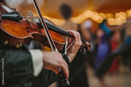 musician playing a fiddle with dancers blurred in the background