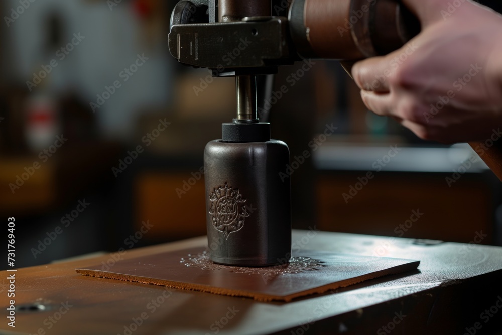 craftsperson embossing a logo on leather using a press