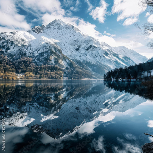 A serene mountain lake reflects a snow-capped peak under a clear blue sky, surrounded by the golden hues of alpine grasses, creating a mirror image in the still water © DJSPIDA FOTO