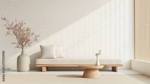 Empty light pastel minimalistic room interior with vases, ikebana and sofa in Japanese style decor for zen practices