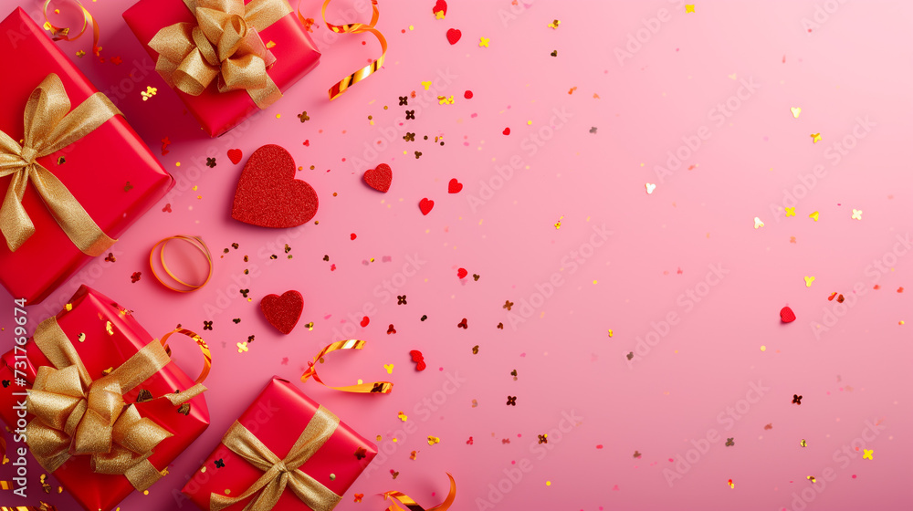 Valentine's Day Gifts and Confetti on Pink Background