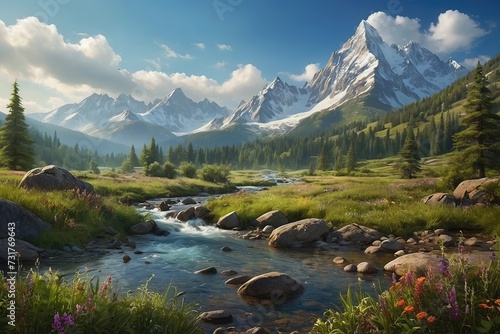 Natural Summer Landscape with Mountains and River