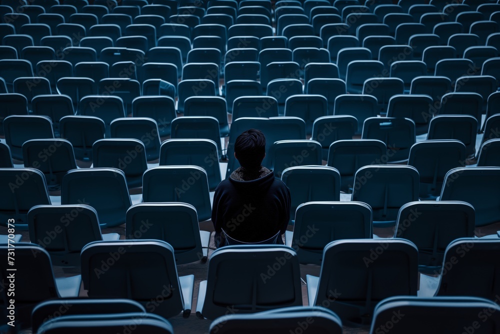 Fototapeta premium person sitting alone, surrounded by empty rows