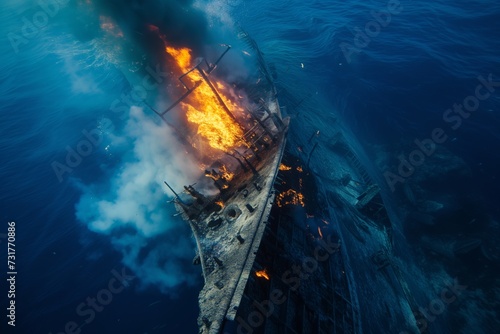 fire and smoke rising from a sunken ships protruding bow