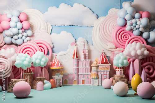 Food, holidays concept. Festive colorful background with copy space made of various shapes of sweets. Pastel colored