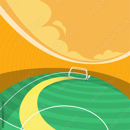 Colorful design with in cartoon style soccer stadium with athlete standing near goal and kicking ball. Drawn elements. Sport event, competition, tournament, game concept. Creative colorful art. Poster