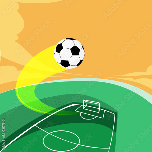 Stylized soccer ball soaring over field towards goal. Dynamics, action. Promotional image for soccer tournament broadcast. Concept of sport event, competition, game. Creative colorful design. poster