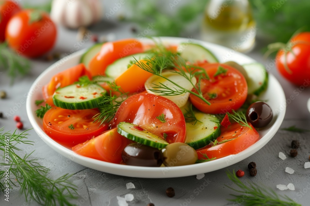 Salad of fresh vegetables from tomatoes and cucumbers, seasoned with oil and olives with spices and herbs