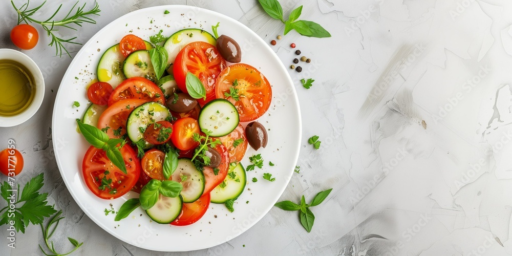Salad of fresh vegetables from tomatoes and cucumbers, seasoned with oil and olives with spices and herbs, with an empty copy space Salad of fresh vegetables from tomatoes and cucumbers, seasoned with oil and olives with spices and herbs, with an empty copy space