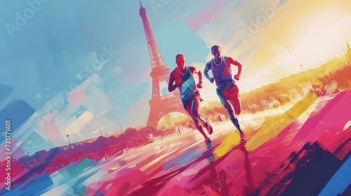 A sports illustration depicting running athletes against the background of the Eiffel Tower in Paris, a bright colorful poster for the upcoming International Olympic Sports Games photo