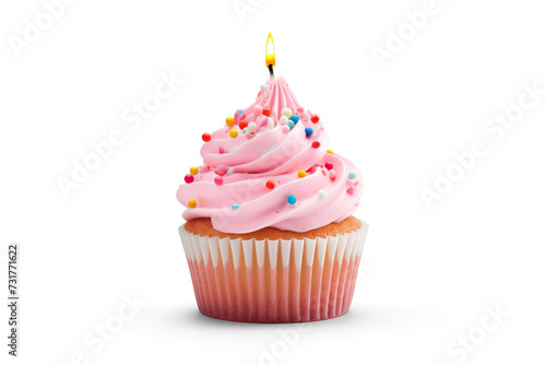 Food, holiday concept. Cupcake with burning birthday candle isolated on white background