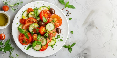 Salad of fresh vegetables from tomatoes and cucumbers, seasoned with oil and olives with spices and herbs, with an empty copy space