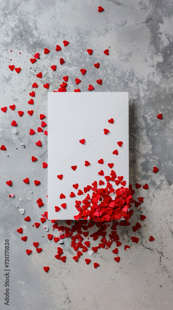 Aesthetic blank paper card mockup with red heart-shaped confetti. Luxury greeting card design concept. Generative AI Aesthetic blank paper card mockup with red heart-shaped confetti. Luxury greeting card design concept. Generative AI