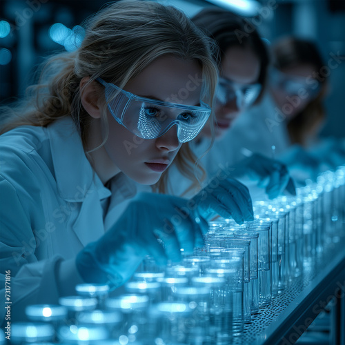 Scientists or Students, Dressed in White Lab Coats Working in Chemical Laboratory. Biochemical Testing and Research. photo