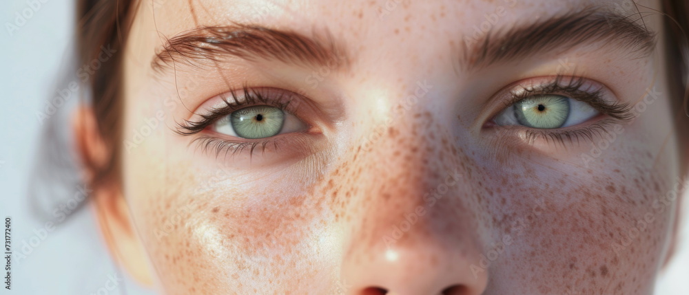 Up-close view of a person's face, showcasing clear green eyes and a constellation of freckles Up-close view of a person's face, showcasing clear green eyes and a constellation of freckles