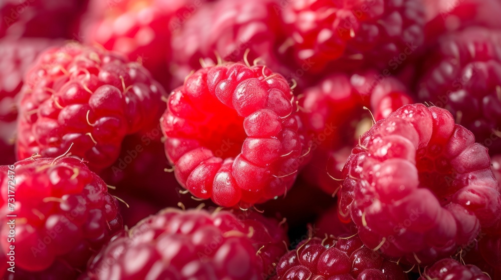 A close-up view of a group of ripe, vivid red raspberries with a deep, textured detail A close-up view of a group of ripe, vivid red raspberries with a deep, textured detail