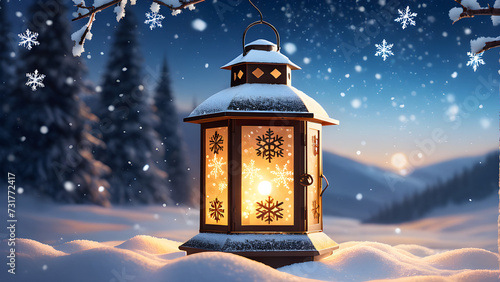  illustration of a Christmas lantern glowing in the snow Generative Ai