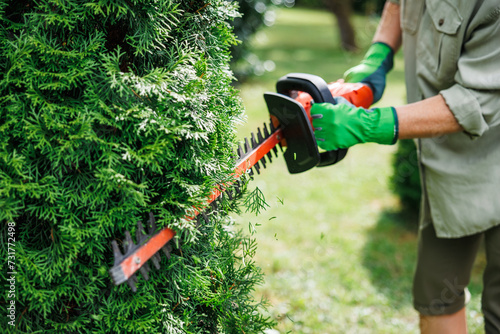 Fotografie Gardener is using rechargeable cordless hedge trimmer to trim overgrown thuja shrub in garden