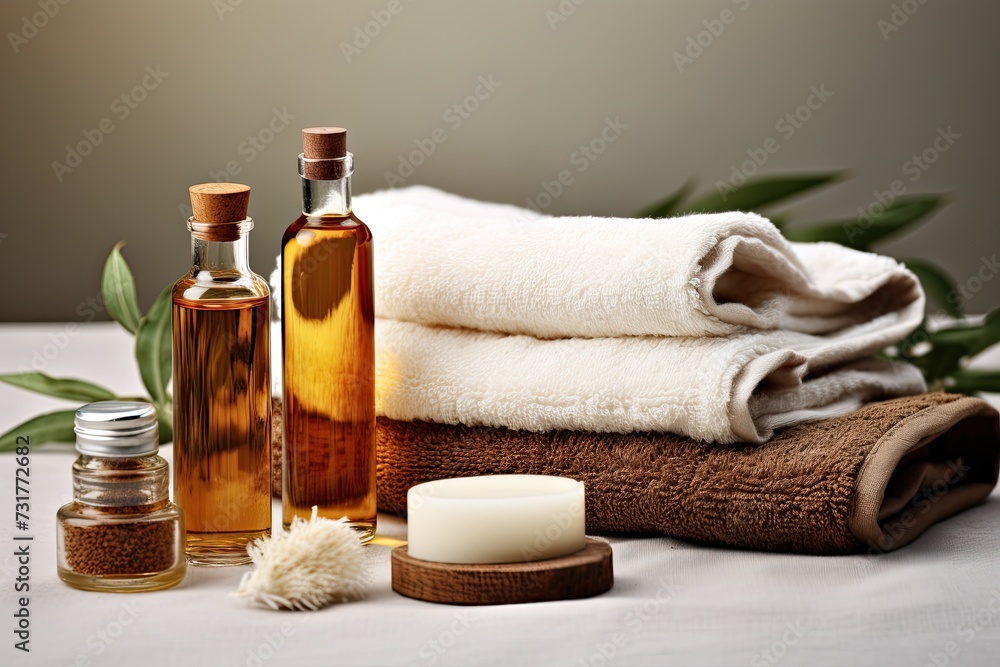 Men spa set with towels, natural solid shampoo, soap, beard brush and aroma oil on dark background. Men spa set with towels, natural solid shampoo, soap, beard brush and aroma oil on dark background.