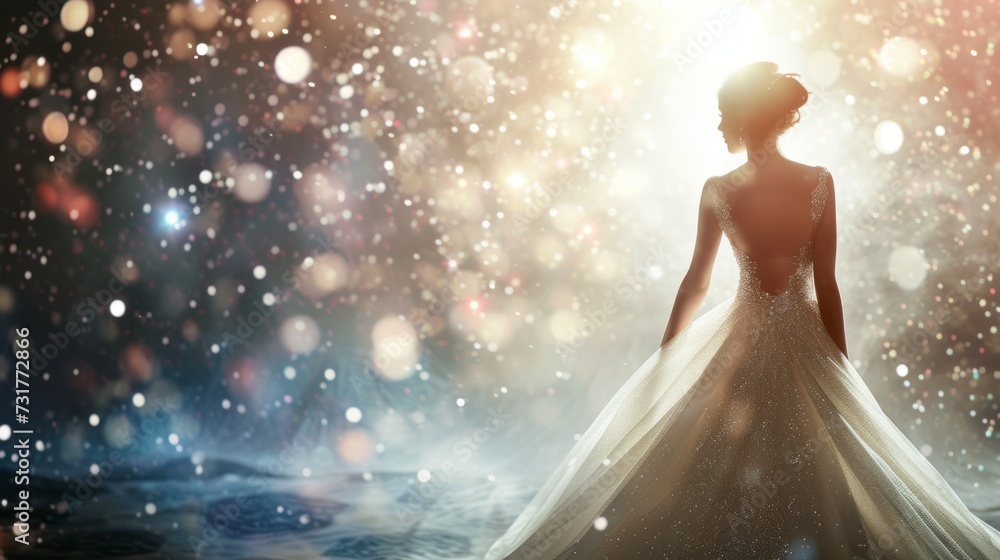 Dride from behind in wedding dress woman, bright glitter background Dride from behind in wedding dress woman, bright glitter background