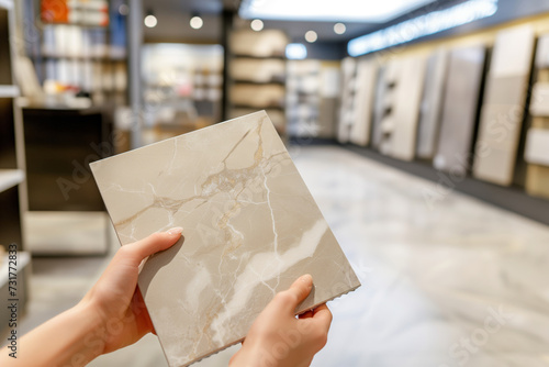 hands holding luxury marble tile, blurred showroom background