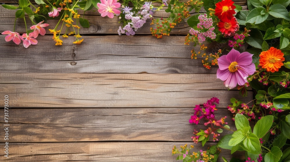Garden flowers and plants on isolated wooden board background with copyspace