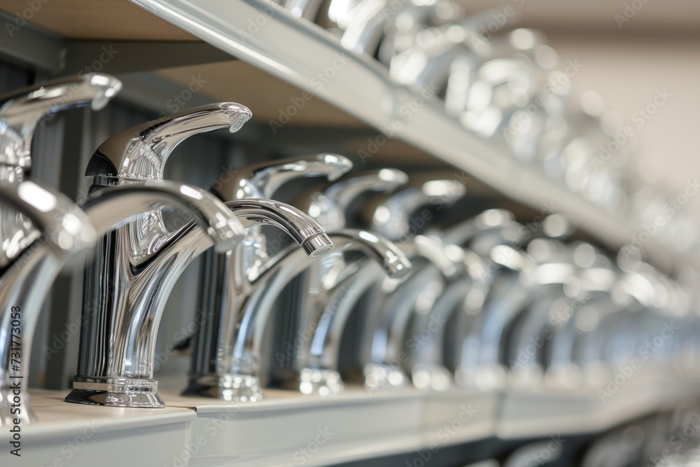 row of new chrome kitchen sink faucets displayed on shelf - obrazy, fototapety, plakaty 