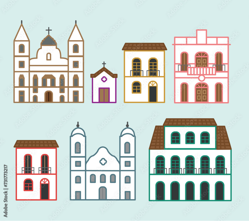 Coleção de casas antigas em cidades históricas do Brasil. Estilo barroco. Set 2.	 - obrazy, fototapety, plakaty 