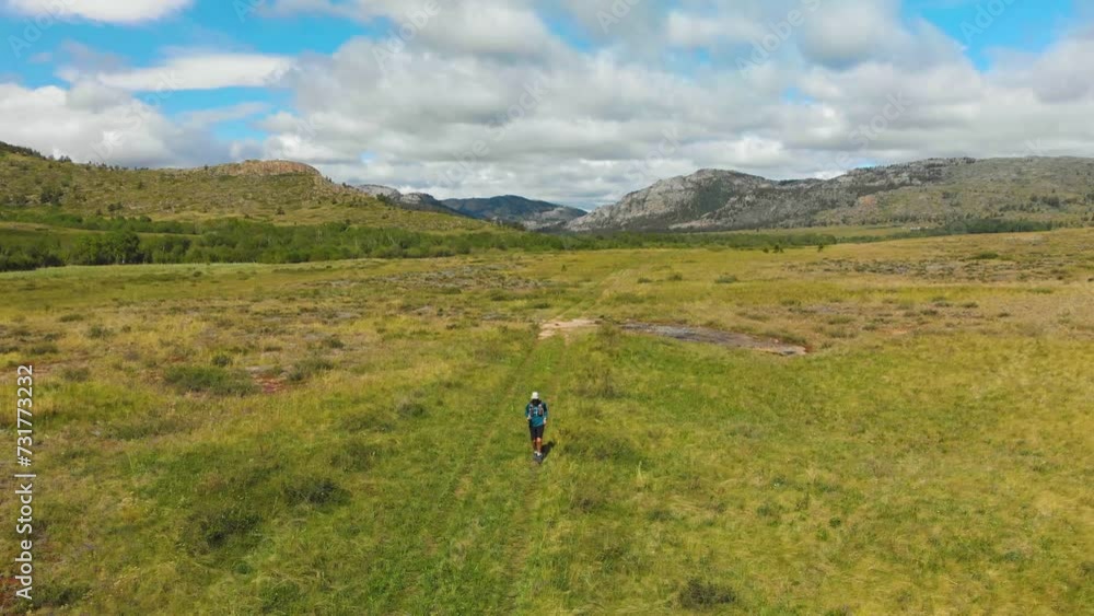 Athlete runs cross-country in the mountains in summer. Beautiful cliffs with coniferous forests. Trail running, active lifestyle Athlete runs cross-country in the mountains in summer. Beautiful cliffs with coniferous forests. Trail running, active lifestyle