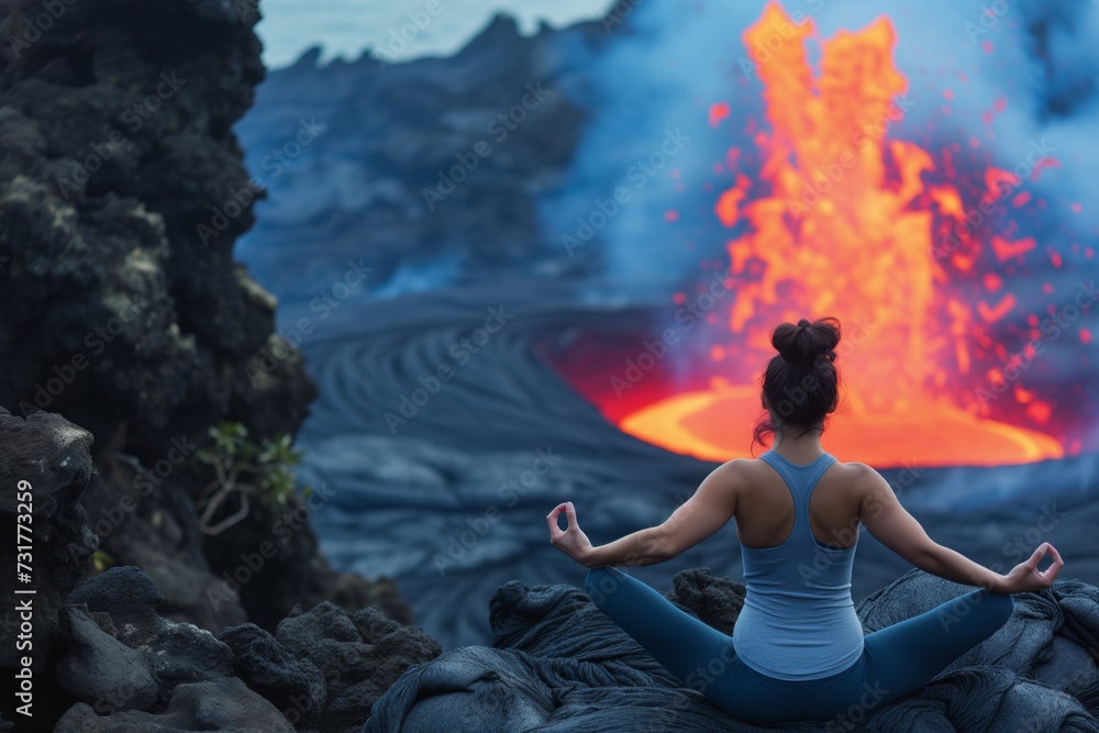 yoga practitioner in a mountain pose by a tranquil lava flow