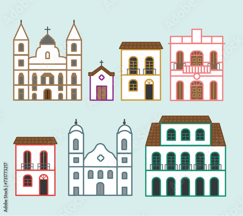 Coleção de casas antigas em cidades históricas do Brasil. Estilo barroco. Set 2. 