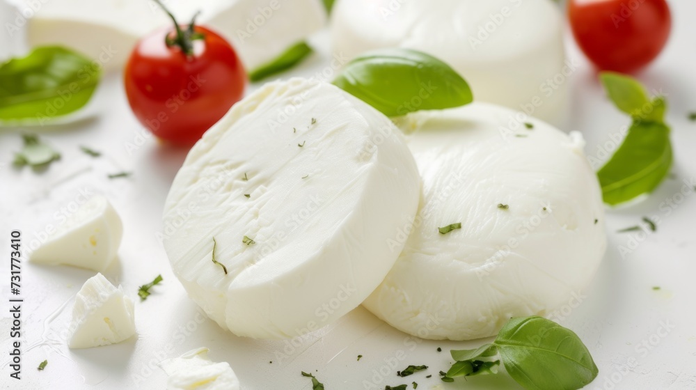 Mozzarella cheese on white table Mozzarella cheese on white table
