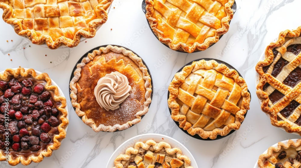 Overhead shot of several different pies on a white marble table Overhead shot of several different pies on a white marble table