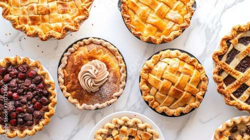 Overhead shot of several different pies on a white marble table