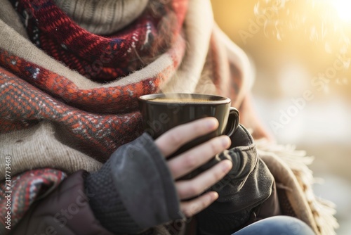 person bundled up in scarf sits, steamy coffee in hand