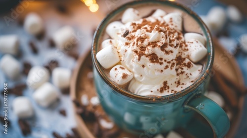 Overhead view of hot chocolate in a blue green mug with whipped cream and mini marshmallows