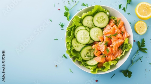 Salted salmon salad with fresh green lettuce,cucumbers.Lunch bowl on a ketogenic,keto or paleo diet.Top view with lemon elements next to it on a light blue background with space for text