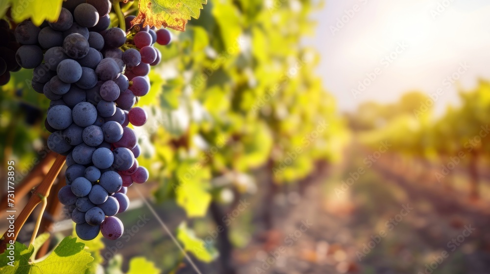 Sunny vineyard with clusters of ripe grapes in focus - obrazy, fototapety, plakaty 