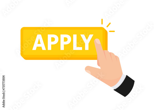Vector illustration of a hand interacting with an Apply button, symbolizing the action of submitting an application or request online