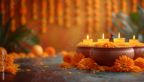 Indian Traditional flower decoration, Indian festival garland. Ugadi background with candles and vases