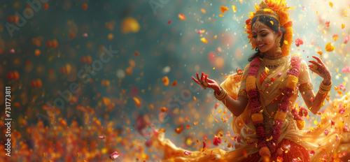 Indian dancing woman. Indian Traditional flower decoration, Indian festival garland. Ugadi celebration