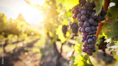 Sunny vineyard with clusters of ripe grapes in focus