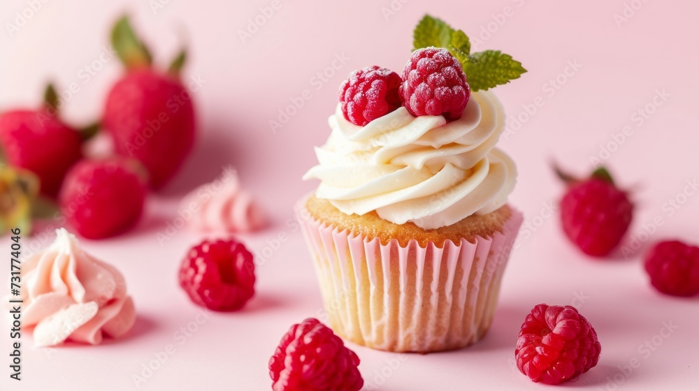 Vanilla cupcake decorated with raspberries on a pink background