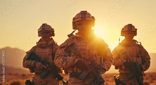 Soldiers Squad. Three Fully Equipped and Armed Soldiers Standing in Desert Environment in Sunset Light. Slow Motion video. photo
