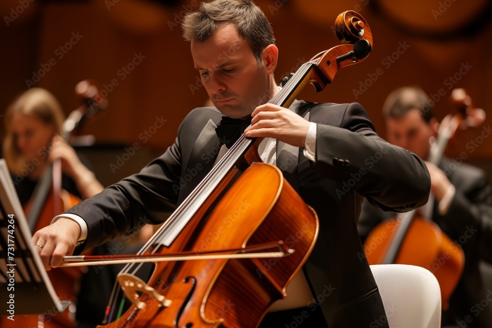 Fototapeta premium man in dinner jacket playing cello in a reverent ensemble