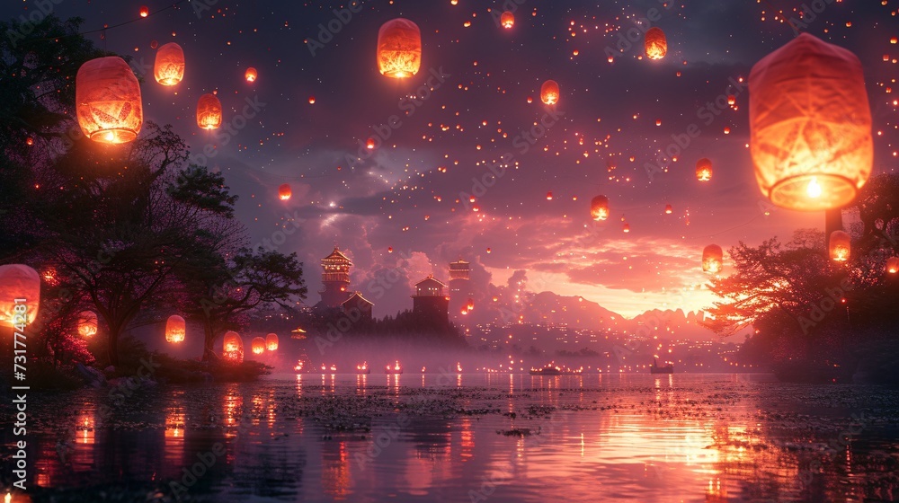 Glowing Lanterns and Fireflies: A Magical Nighttime Scene Generative AI