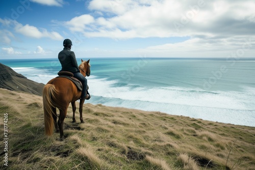 man on horseback pausing to watch the sweeping ocean horizon